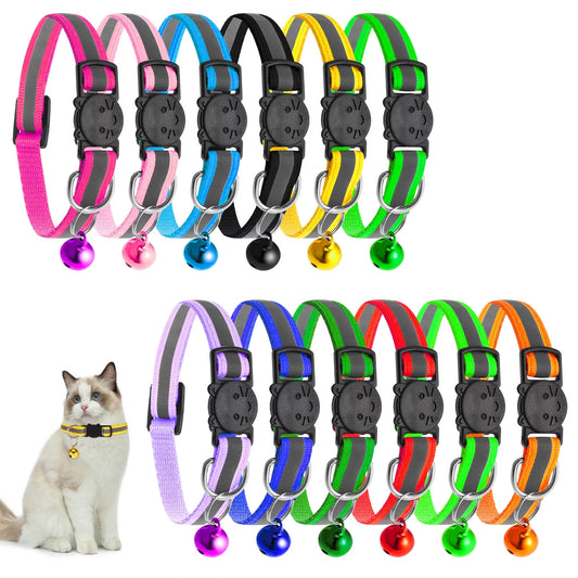 Upgraded Version - 12 Pack Reflective Cat Collar with Bell, Solid & Safe Collars for Cats, Nylon, Mixed Colors, Safety Buckle Kitten Collar, Breakaway Cat Collar for Girl Cats Male Cats