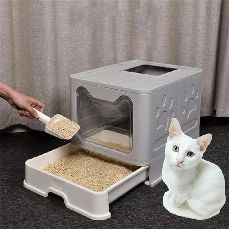 XXL Large Space Foldable Cat Litter Box with Front Entry & Top Exit with Tray