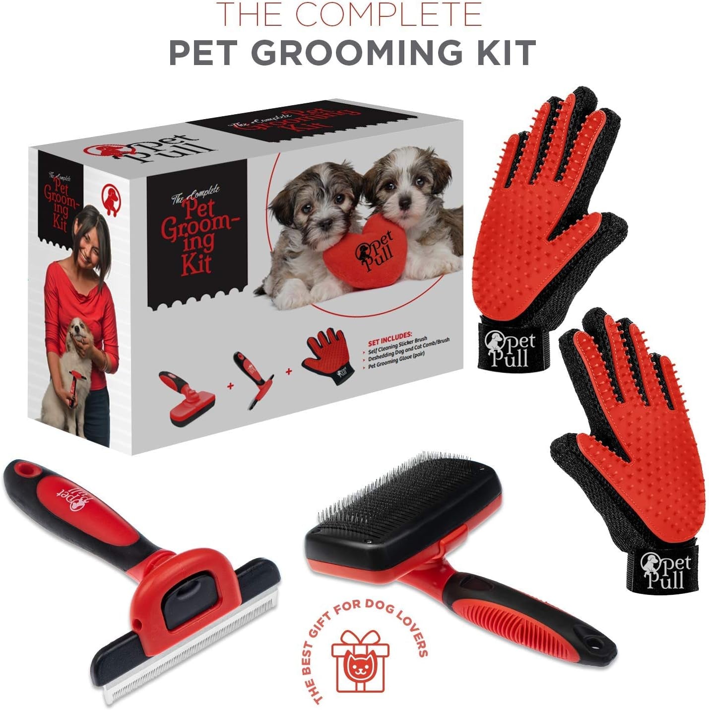 Complete Professional Pet Grooming Kit, Self Cleaning Slicker Dog Brush, Pro Grooming Brush Effectively Reduces Shedding Fur, Pet Hair Remover Brush Gloves, Combo Gift Set